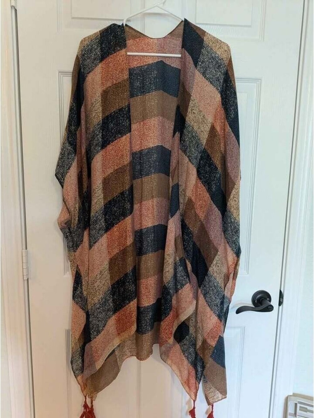 Bohemian Lightweight Plaid Open-Front Kimono Cardigan with Tassels